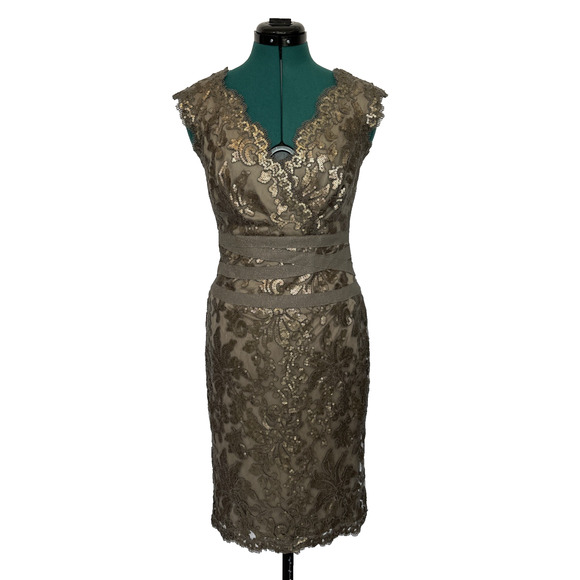 Tadashi Shoji Cocktail Dress Sequined Lace Smoked Pearl Grey‎ Bronze Size 4 - Picture 2 of 11